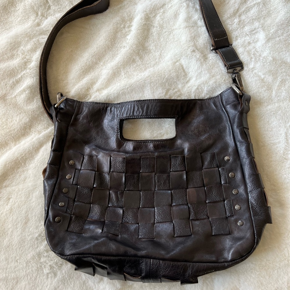 Bed Stu Distressed Black Woven Leather Crossbody Bag